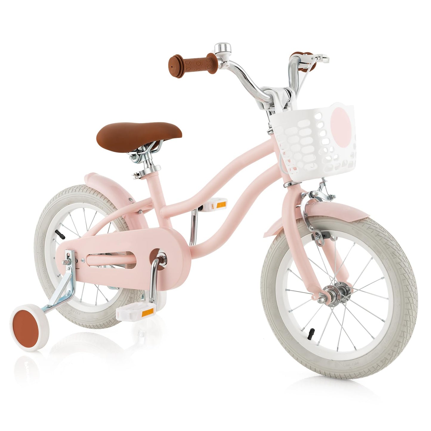 COSTWAY Kids Bike 14 Inch Toddler Bike Children Bicycle w/Training Wheels Hand & Coaster Brakes Adjustable Saddle & Handlebar Basket Bell Kids Bicycle for Girls Boys Aged 3-8 Years Old Pink