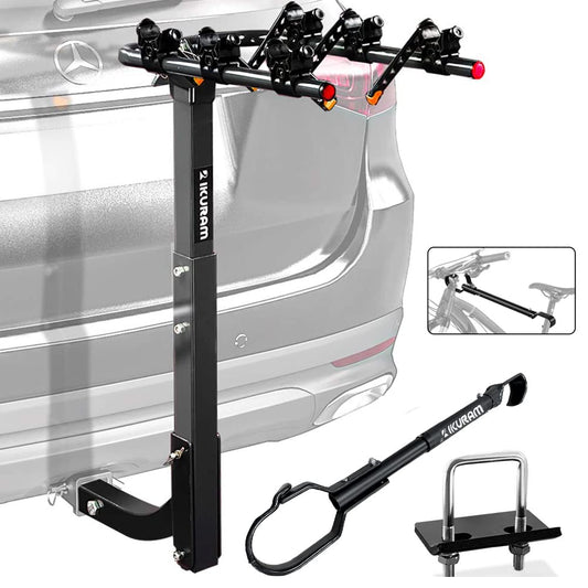 IKURAM R 3 Bike Rack Bicycle Carrier Racks Hitch Mount Double Foldable Rack for Cars Truck SUV Fits 2" Receiver Including Anti-Rattle Hitch Tightener & Bicycle Cross-bar Adapter for Kid’s Bike