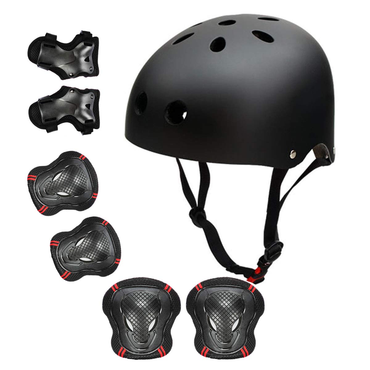 Skateboard Bike Helmet for Adults Adjustable Knee Elbow Pads Wrist Guards Protective Gear Helmets Set Teens for Bicycle Cycling Skate Scooter Bicycle Helmet for Youth (Black Medium)