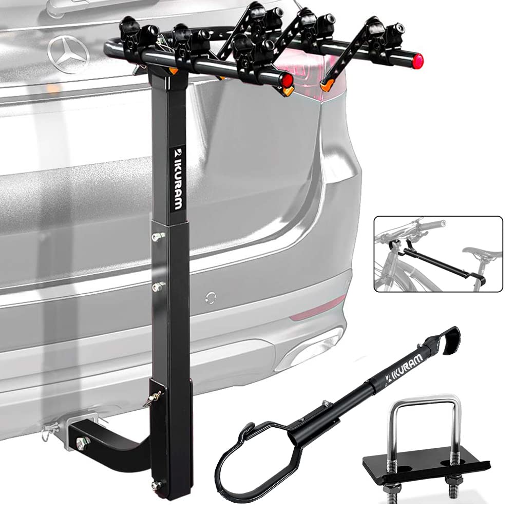 IKURAM R 3 Bike Rack Bicycle Carrier Racks Hitch Mount Double Foldable Rack for Cars Truck SUV Fits 2" Receiver Including Anti-Rattle Hitch Tightener & Bicycle Cross-bar Adapter for Kid’s Bike